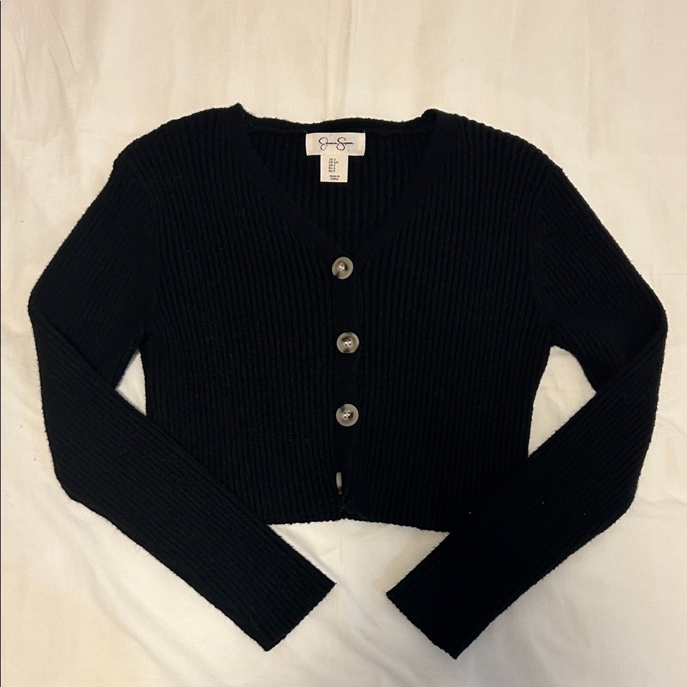 Jessica Simpson Cropped V Neck Button Up Sweater Black